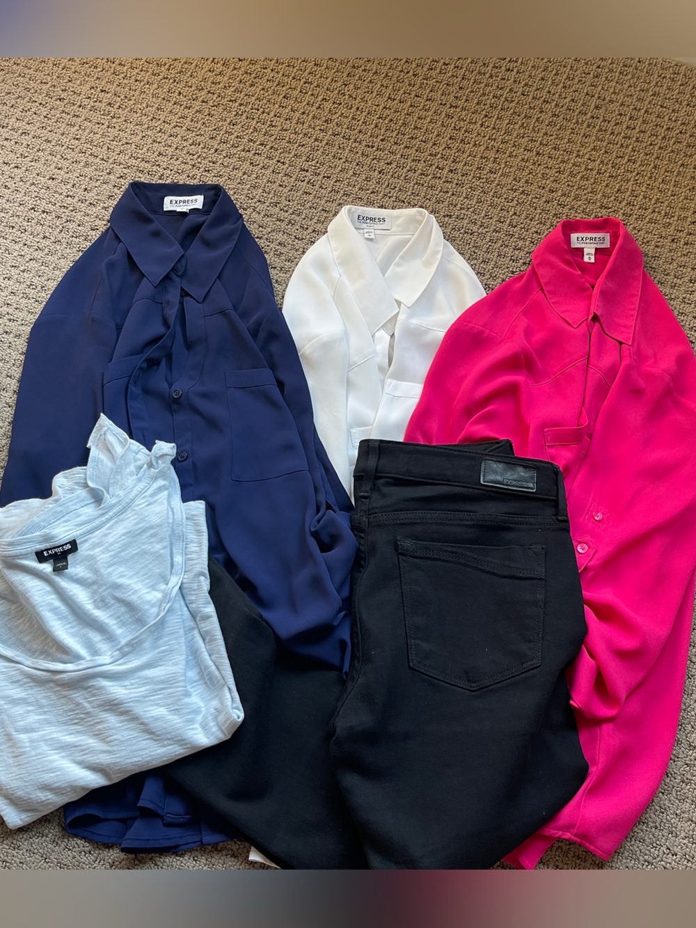 Express Blouse Set in Navy, White, Hot Pink and Light Blue, black slim leg jeans